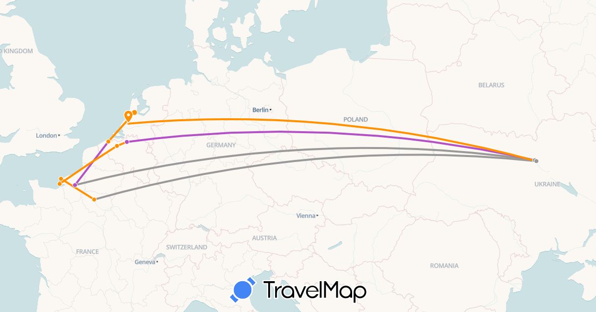 TravelMap itinerary: plane, train, hitchhiking in Belgium, France, Netherlands, Ukraine (Europe)